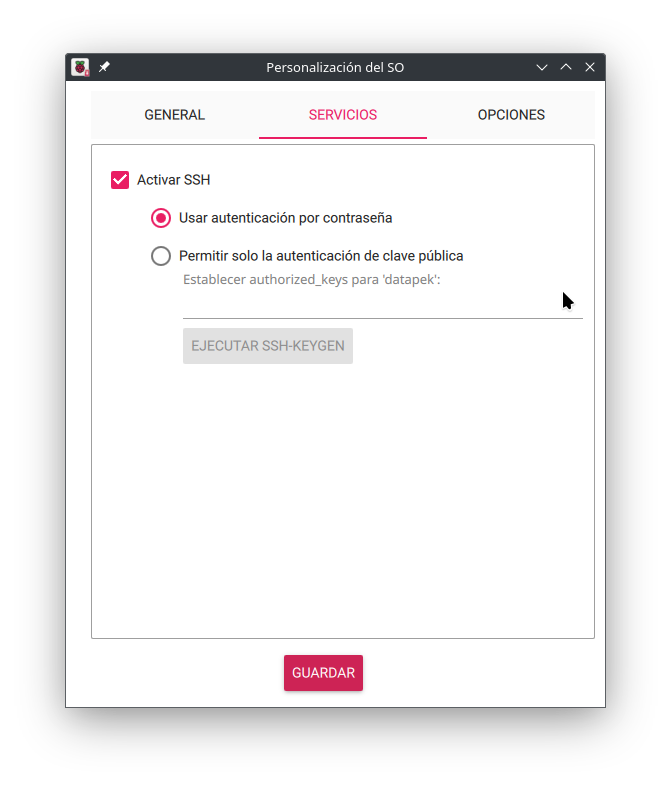 Habilitar SSH mediante la personalización del SO dentro RPI imager